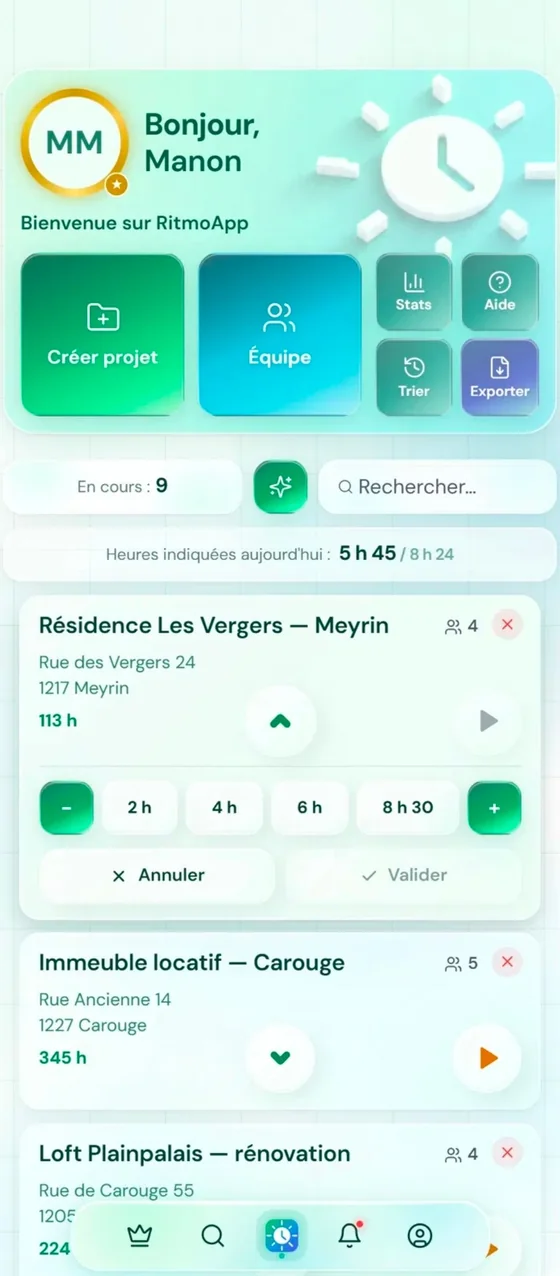 Écran d'accueil de RitmoApp : les heures indiquées aujourd'hui, puis la liste des projets avec leur adresse, leur équipe, les heures passées et la saisie rapide de la durée