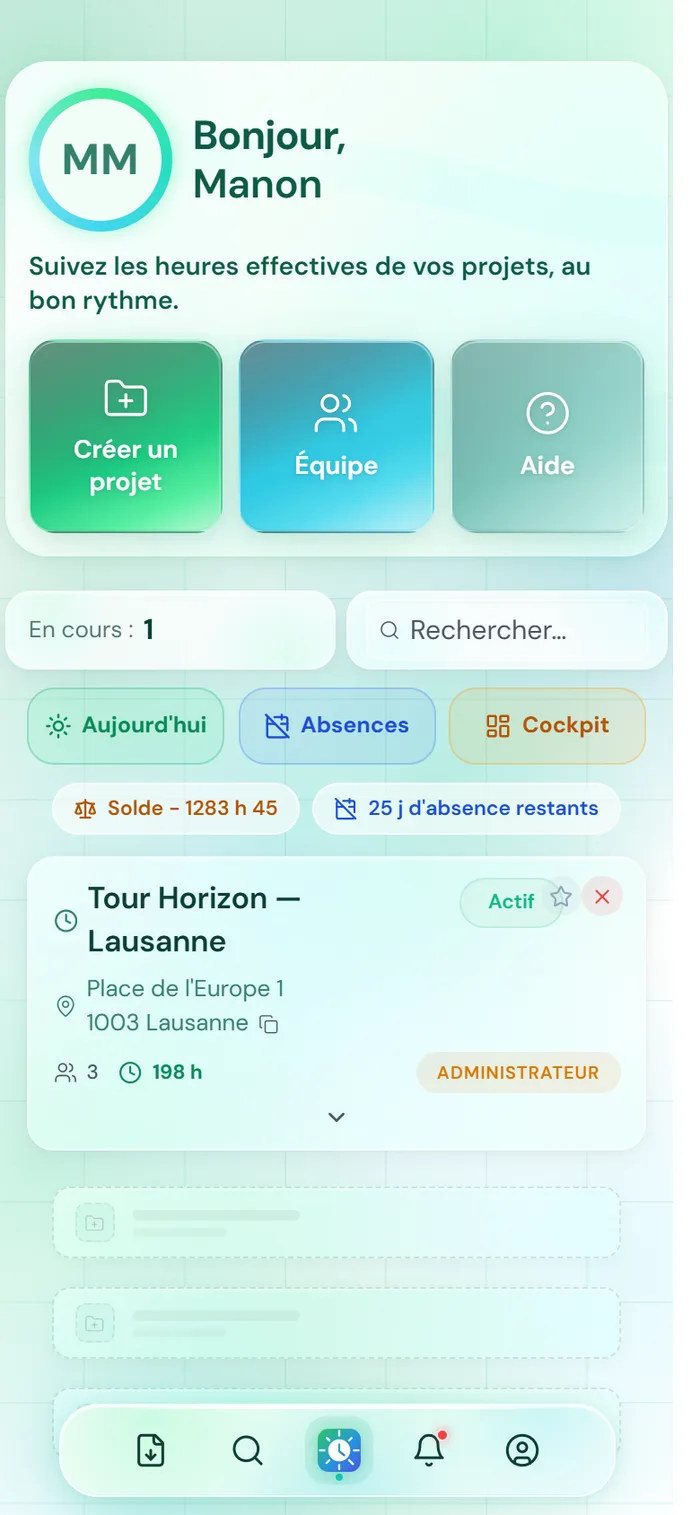 Écran d'accueil de RitmoApp : projets en cours, solde d'heures et jours d'absence