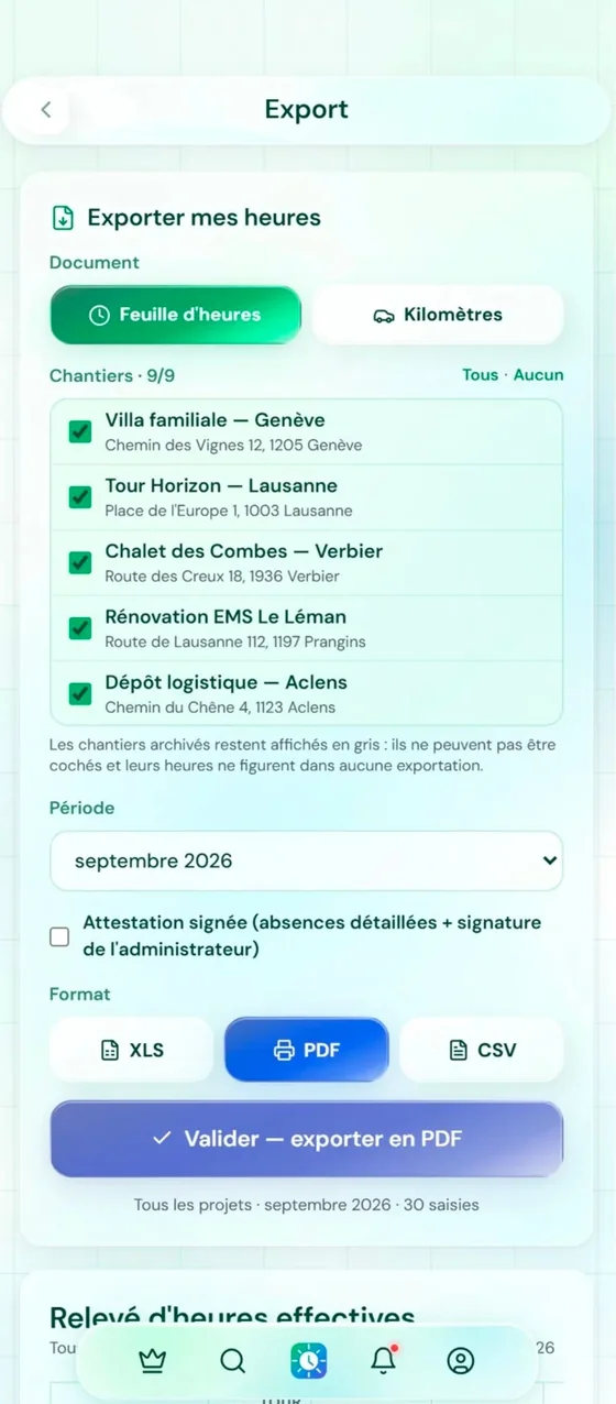 Écran « Export » de RitmoApp : choix entre feuille d'heures et kilomètres, sélection des projets, période, attestation signée en option et format XLS, PDF ou CSV
