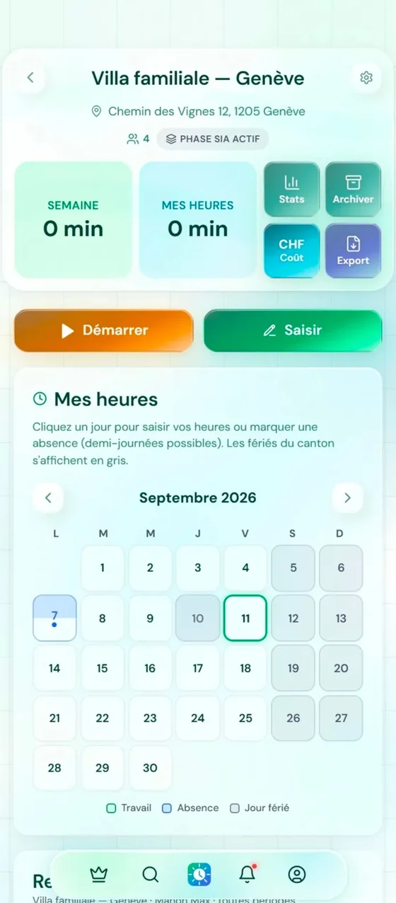 Écran d'un projet dans RitmoApp : boutons Démarrer (chrono) et Saisir, puis le calendrier du mois pour saisir des heures ou marquer une absence, jours fériés du canton en gris